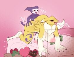 2026 3_fingers all_fours anthro areola bandai_namco bed big_breasts black_sclera blush bodily_fluids body_blush bouncing_breasts box_of_chocolates breasts breath bubble_butt butt butt_grab candy chocolate dessert digimon digimon_(species) digimon_tamers digital_media_(artwork) doggystyle duo female female_fox fingers flower food fox from_behind_position fur furniture hand_on_butt hi_res imp impmon kaboozey larger_female male male/female nipples nude on_bed onomatopoeia panting pink_areola pink_background pink_nipples plant puffy_nipples purple_body renamon rose_(flower) sex simple_background size_difference small_waist smaller_male sound_effects sweat tail text tongue tongue_out vixen white_body white_fur yellow_body yellow_fur