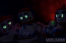 3d 3d_(artwork) circus_baby_(fnaf) clitoral clitoral_rubbing female female/female five_nights_at_freddy's foursome green_eyes group group_sex hair hi_res humanoid looking_at_another looking_at_partner looking_at_viewer machine mirumimi not_furry plush_baby plushie plushophilia red_hair robot rubbing scottgames sex watermark white_body