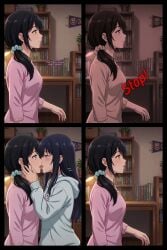 2girls ai_generated black_hair blush daughter drooling french_kiss incest mieruko-chan milf mother mother_and_daughter objectification ponytail saliva teen teen_girl time_stop tongue_kiss yotsuya_miko yuri