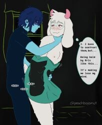 anthro black_clothing blue_hair blush bovid caprine clothed clothing comic darkner deltarune dialogue dress dry_humping duo embarrassed english_text eye_contact eyewear femboy fur glasses goat grabbing grabbing_from_behind grabbing_hips grabbing_neck green_clothing green_dress grinding hair half-closed_eyes hi_res hip_grab holding_partner horn human inside kris_(deltarune) kris_dreemurr long_ears looking_at_another looking_pleasured male male/male male_anthro mammal narrowed_eyes neck_grab nipples peachboysmut pink_eyes ralsei red_eyes rubbing_penis speech_bubble standing submissive submissive_male tail text undertale_(series) wearing_glasses white_body white_fur window