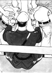 1969 3boys anus ass back_view backsack ball_fondling balls balls_grab bench big_ass clothed_male_partially_nude_male erection gay grabbing_balls kake_(tom_of_finland) male male_only muscular original penis police presenting_balls presenting_hindquarters simple_background submissive_male tom_of_finland traditional_media uniform white_background yaoi