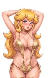 1girl 1girls anime_style armpits arms_behind_head arms_up bare_arms bare_midriff bare_shoulders beaded_jewelry best_quality big_breasts blonde_hair blue_eyes blush boobs breast_spillage busty cel_shading censored child_bearing_hips choker cleavage collarbone cowboy_shot curvy deep_cleavage detailed_eyes detailed_face digital_art female female_only flipped_hair front_view gold_bikini gold_jewelry gold_monokini gold_swimwear hands_behind_head heavy_breasts hourglass_figure huge_breasts human human_only large_breasts light-skinned_female light_skin lollololli long_hair looking_at_viewer mario_(series) masterpiece mature_female metallic_swimwear monokini navel necklace nipples_visible_through_clothing oily_skin pale_skin partially_undressed pearls pose posing princess_peach pucker_lips red_guance revealing_clothes see-through sensual sexy sexy_armpits sexy_pose shiny_skin sideboob simple_background skimpy_swimwear sling_bikini soft_shading solo solo_female solo_focus specular_highlights standing stomach string_swimwear super_mario sweaty swimwear thick_thighs underboob voluptuous white_background wide_hips