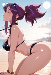 1girl 1girls absurd_res absurdres ai_generated akali akali_(league_of_legends) all_fours ass bare_shoulders beach big_ass big_breasts bikini black_bikini blue_sky blurred_background blurry blurry_background bracelet breasts cartoon cartoony cleavage closed_eyes cloud collar day depth_of_field earrings eyewear_on_head female female_focus from_side hi_res high_quality high_resolution highres jewelry k/da_akali k/da_series kda_akali kneeling large_ass large_breasts league_of_legends leash long_hair makeup nail_polish ocean odexai outdoors ponytail profile purple_hair purple_nails riot_games shiny_skin sideboob sidelocks skindentation sky small_waist solo solo_focus spikes straight strap_gap string_bikini sun sunglasses sweat swimsuit thick_thighs thighs thin_waist water wet wide_hips