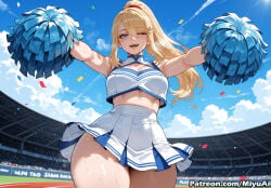 curvaceous curvaceous_female curvaceous_figure curvy curvy_body curvy_female curvy_figure curvy_hips female thick ai_generated uncensored miyuai voluptuous voluptuous_body voluptuous_female metroid cheerleader 1girl pom_poms blonde_hair rating:safe ponytail breasts confetti one_eye_closed sky skirt long_hair blue_sky bangs cloud blue_eyes day open_mouth large_breasts solo mole_under_mouth thighs sweat navel pleated_skirt crop_top smile looking_at_viewer outdoors armpits high_ponytail bare_shoulders midriff samus_aran open_arms