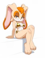 ai_generated anthro bikini blush breasts brown_eyes female female_only furry golden_bikini katalystnya large_ears large_feet looking_at_viewer makeup plain_background rabbit seductive sega shadow simple_background sitting smile solo sonic_(series) two-tone_body vanilla_the_rabbit white_background