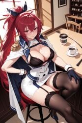 kiraamane ai_generated patreon seductive sexy uncensored watermark hi_res high_quality high_resolution wichita_(azur_lane) azur_lane bra gloves breasts 1girl jacket_on_shoulders garter_straps thighhighs underwear cup black_bra red_hair long_hair large_breasts solo black_legwear black_gloves looking_at_viewer lace-trimmed_bra red_eyes sitting smile bangs indoors cape jacket chair cleavage holding blush epaulettes hair_between_eyes miniskirt coffee_mug ponytail ribbon table hair_ribbon