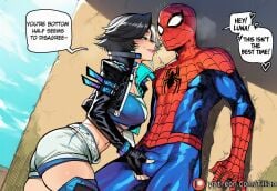 tillian ai_generated spider-man marvel marvel_rivals luna_snow luna_snow_(marvel_rivals) spiderman 1girl 1boy english_text hetero shorts black_hair breasts cropped_jacket against_wall jacket assertive_female crotch_grab twotone_bodysuit white_shorts western_comics_style speech_bubble bodysuit multicolored_hair short_hair bulge