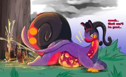 absurd_res anthro bodily_fluids digital_media_(artwork) dragon english_text female fire generation_2_pokemon generation_6_pokemon generation_8_pokemon genital_fluids goodra hi_res hisuian_form hisuian_goodra hybrid lava lying_on_ground magcargo mythological_creature mythological_scalie mythology nintendo on_ground open_mouth peeing pokemon pokemon_(species) purple_body raveneevee regional_form_(pokemon) scalie shell simple_background smoke smoke_cloud solo text urine urine_stream watersports