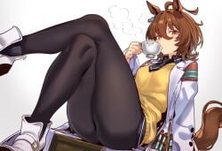 agnes_tachyon_(umamusume) brown_hair crossed_legs cup drinking labcoat legwear necktie pantyhose red_eyes short_hair solo solo_female solo_focus tagme tights umamusume umamusume_pretty_derby youngmanisdown