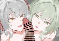 1boy 2girls ahoge arknights bar_censor breasts censored commentary_request erection green_eyes green_hair grey_hair hetero highres imminent_fellatio kal'tsit_(arknights) looking_at_penis medium_breasts multiple_girls ncfnwzn nude parted_lips partial_commentary penis revision short_hair smile w_(arknights) yellow_eyes