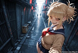 1girl ai_assisted ai_generated bangs blonde_hair blue_skirt blunt_bangs blush boku_no_hero_academia breasts building cardigan city cityscape curvaceous curvy curvy_female curvy_figure double_bun eyebrows_visible_through_hair fangs female half-closed_eyes long_sleeves looking_at_viewer messy_hair miyuai my_hero_academia night outdoors pleated_skirt railing red_neckwear school_uniform short_hair sidelocks skirt smile solo street teeth thick thick_ass thick_butt thick_hips thick_legs thick_thighs toga_himiko voluptuous voluptuous_female wide_hips wide_thighs yellow_eyes
