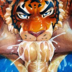 anthro artist_name balls black_body black_eyebrows black_fur black_markings blue_body blue_eyes blue_fur bodily_fluids butt close-up cum cum_drip cum_in_mouth cum_inside cum_on_balls cum_on_butt cum_on_own_balls cum_on_own_butt cum_on_self cum_splatter cum_strand dripping duo eyebrows facial_markings felid fellatio fur genital_fluids genitals glistening glistening_body glistening_fur graphite_(artwork) head_markings hi_res looking_at_viewer male male/male mammal markings mixed_media mrkun multicolored_body multicolored_fur one_fang oral orange_body orange_fur orgasm painting_(artwork) pantherine penile perineum pink_nose sex tan_balls tan_body tan_fur text tiger traditional_media_(artwork) traditional_painting_(artwork) traditional_watercolor_(artwork) watercolor_(artwork) watermark whisker_spots