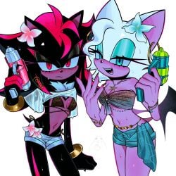 2026 2girls a_k1as bat_ears bat_wings bikini black_fur blush chest_tuft eyeliner fangs flat_chest flower_in_hair leopard_print leopard_print_bikini lidded_eyes looking_at_viewer nails navel_piercing red_eyes revealing_clothes rouge_the_bat rule_63 sega shade_the_hedgehog shadow_the_hedgehog short_shorts small_breasts sonic_(series) squirt_gun teal_eyes water_gun wet_clothes wet_clothing white_background