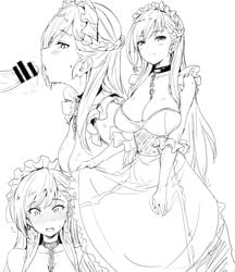 azur_lane bangs belfast_(azur_lane) blush braid breasts chains clearite cleavage collar dress embarrassed fellatio female french_braid large_breasts long_hair maid maid_headdress monochrome oral sketch