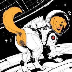 ai_generated tagme furry marvel_cinematic_universe 2026 pleasedontlook guardians_of_the_galaxy marvel cosmo_(marvel) bird_dog canid canine canis domestic_dog golden_retriever hunting_dog mammal retriever hi_res 4_toes anatomically_correct anatomically_correct_genitalia animal_genitalia animal_pussy anus armor astronaut black_anus black_nose black_pussy blep canine_genitalia canine_pussy clothed clothed_feral clothing feet female feral genitals happy headgear helmet looking_at_viewer looking_back looking_back_at_viewer motion_lines one_eye_closed paws presenting pussy raised_tail solo space spacecraft spacecraft_interior spacesuit star tail tail_anus toes tongue tongue_out vehicle wink