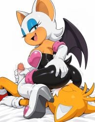 ai_generated anthro bat bat_wings blue_eyeshadow blush boots closed_eyes clothed_female_nude_male elbow_gloves facesitting fang femdom fox furry gloves green_eyes handjob katalystnya large_breasts large_ears large_penis latex latex_suit lipstick makeup miles_prower mobian_(species) open_mouth rouge_the_bat sega shoes smile sonic_(series) straight tail tails_the_fox thigh_high_boots two-tone_fur white_fur yellow_fur