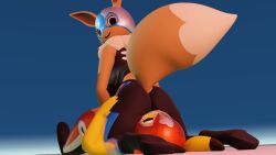 2girls 3d 3d_(artwork) 3d_model anthro anthro_female anthro_on_anthro eevee eevee_(cosplay) eevee_libre facesitting facesitting_through_clothes female female/female female_only pikachu pikachu_(cosplay) pikachu_libre pokemon pokemon_(species)