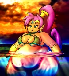 bbw belly_overhang big_belly big_breasts bikini blue_eyes chubby_face earrings fat fat_folds female female_only flabby_arms flabby_legs gauntlets genie_girl gold_earrings gold_gauntlets gold_tiara half_genie half_human hybrid_species nobody-64 obese obese_female obese_humanoid overweight overweight_female overweight_humanoid pointy_ears ponytail_(hair) purple_hair shantae shantae_(character) submerged_belly tan_skin thick_thighs tiara water wide_hips