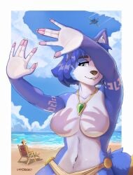 1girls 2d animal_ears anthro athletic athletic_female beach big_breasts bikini bikini_bottom blue_body blue_eyes blue_fur blue_hair breasts busty dc female female_focus female_only fox_ears fox_girl fox_mccloud fox_tail fur furry hands_casting_shadow hourglass_figure krystal meme mi3kka necklace nintendo nude nude_female nudity outdoors outside pinup pinup_pose shadow short_hair star_fox tail topless tribal tribal_markings wide_hips