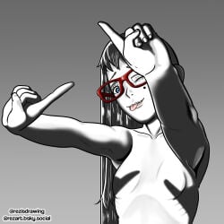 1girl ;p blue_eyes breasts convenient_censoring convenient_censorship glasses gradient_background grey_background greyscale hand_shadow_covering_breasts_(meme) hands_casting_shadow long_hair looking_at_viewer monochrome nipples nude one_eye_closed pointing red-framed_eyewear rezart small_breasts smile solo sophia_(rezart) spot_color tongue tongue_out upper_body useless_censoring