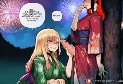 tillian ai_generated my_dress_up_darling marin_kitagawa sugaya_nowa kitagawa_marin japanese_clothes kimono penis blonde_hair futanari multiple_girls english_text 2girls floral_print red_hair futa_with_female blush uncensored long_hair against_tree multicolored_hair erection tree patreon_username speech_bubble