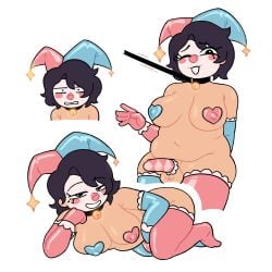 1girls blush blush_stickers breasts character_request chubby clown cock_sleeve collar covered_nipples detached_sleeves edith_is_dead female frilled_legwear functionally_nude futanari gloves heart_pasties jester_hat jingle_bell leash leash_and_collar leash_pull looking_at_viewer lying mismatched_gloves mismatched_legwear mismatched_pasties multiple_views naughty_face navel neck_bell nude on_side one_eye_closed penis pet_play sanpaku smile standing testicles thick_thighs thighhighs waving white_background