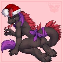 anthro anus ass candy candy_cane christmas claws feathers food frill frilled_lizard gift holidays lizard male male_only presenting presenting_hindquarters redfeatherstorm reptile ribbons ryunaro scalie solo