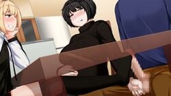 2girls black_hair black_legwear black_sweater blonde_hair blue_eyes blush breasts brown_eyes caressing_testicles censored chin_rest clenched_teeth clothing erection eyebrows feet femdom footjob footjob_under_table footjob_with_legwear game_cg grin highres indoors large_breasts long_hair long_sleeves looking_at_another looking_down mosaic_censoring multiple_girls nanao_(udon) nanao_yukiji naughty_face nin_shimai:_aijou_hormone_de_shiawase_botebara_seikatsu!? no_shoes penis pregnant ring short_hair sitting smile stockings sweater table testicles thighhighs tongue tongue_out turtleneck turtleneck_sweater under_the_table unzipped