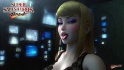 1girl 3d ai_generated blonde_hair cinematic computer_monitor female female_only light-skinned_female light_skin lingerie lipgloss samus_aran sexy_female smash_bros subspace_emissary super_smash_bros._brawl tongue_out yallahs80 zero_suit_samus