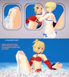 fate_(series) fate/grand_order mordred_(fate) artoria_pendragon saber 1futa bikini blonde_hair 1girls breasts cum futa_giantess futanari giantess giantess_futa huge_cock intersex penis size_difference airplane 3d english_text koikatsu text xavierhuge clouds swimsuit