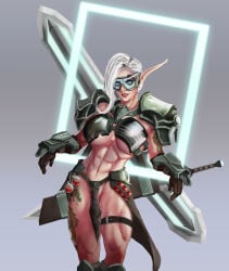abs american_flag demon_hunter demon_hunter_(warcraft) elf goggles kaldorei large_breasts maksimnova muscles neon night_elf white_hair world_of_warcraft