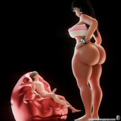 1boy 1girls alternate_body_type barefoot big_ass black_hair bottomless chel_(the_road_to_el_dorado) curvy_figure dark-skinned_female dark_skin dreamworks elevenendless endlessillusion giantess taller_female the_road_to_el_dorado voluptuous