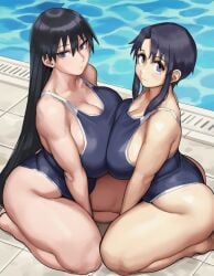 2girls age_difference ai_generated ass azumanga_daiou big_breasts black_hair breast_focus breasts_pressed_together cleavage clothed competition_swimsuit curvy female female_only large_breasts long_black_hair long_hair looking_at_viewer looking_up_at_viewer nyamo_minamo_kurosawa one-piece_swimsuit ooweeslop pool pressing_breasts_together sakaki school_swimsuit short_hair skin_tight student_and_teacher thick_ass thick_thighs voluptuous voluptuous_body voluptuous_female