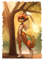 anthro blue_eyes breasts brown_fur cleo feline female flat_chested freckles fur hair kolae lion mammal marsupial nature nipple_piercing nipples outside piercing red_hair savanna small_breasts stripes thylacoleo tree yellow_fur