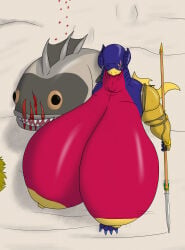 absurd_res alythewolfcat anthro areola arm_armor beach big_areola big_nipples blood blood_dripping carrying chest_exposed dragon female female_only fish furry hi_res huge_areola huge_breasts huge_nipples hyper_breasts mostly_nude muscular_female nipples scars shark spear walking wet