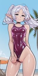 1girls ai_generated beach beach_umbrella choker closed_mouth covered_navel earrings elf exposed_pussy female female_only floating_hair frieren frieren_beyond_journey's_end green_eyes legs_apart long_hair looking_at_viewer molamaxuy one-piece_swimsuit outdoors palm_tree pointy_ears pulling_clothing pussy_juice sexy shiny_skin showing_pussy side_cutout smile solo sousou_no_frieren suggestive sweat swimsuit teasing tropical twintails white_hair wind