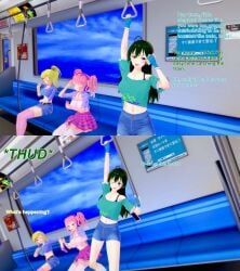 original oc original_character riviera_pequena charlotte_strema francine_investa xavierhuge 3girls blonde_hair green_hair pink_hair train female 3d english_text koikatsu text