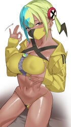 1girl 1girls bikini bikini_bottom_only blonde_hair blue_eyes blue_hair blue_nails breasts canari_(pokemon) canary_(pokemon) covered_nipples cropped_jacket dark-skinned_female dark_skin fellatio_gesture grabbing_own_breast hair_ornament highres jacket kneeling kumamiya large_breasts looking_at_viewer mask masked masked_female micro_bikini mouth_mask multicolored_hair multicolored_nails nail_polish narrow_waist navel pokemon pokemon_legends:_z-a solo split-color_hair stomach swimsuit two-tone_hair yellow_jacket yellow_nails
