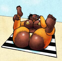 anthro anus big_breasts big_butt bikini breasts butt clothing dark_body dark_skin digital_media_(artwork) feet female fur gold_bikini golden_week haplorhine hi_res looking_at_viewer lying mammal monique_(pokuyuno239) monkey on_back orange_body orange_fur pokuyuno239 primate sand solo spread_legs spreading swimwear toes towel two-piece_swimsuit