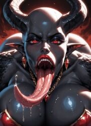 ai_generated ass_cheeks bald_female big_lips black-skinned_female black_body black_scales close-up close_up_view dark_background demon_horns demon_queen demoness dripping_saliva dripping_wet drooling fangs high_quality huge_ass huge_breasts jewelry long_tongue looking_at_viewer moonchild41 nude open_mouth original_character pointy_ears red_eyes sable scary sweat tongue_out voluptuous_female wide_hips