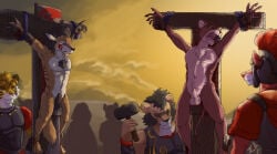 5_fingers animal_genitalia anthro armor balls baroque_(artist) black_hair black_nose blizzard_entertainment blood bodily_fluids bound brown_body brown_fur brown_hair canid canine canis christian_cross christian_symbol christianity cross crucifix crucifixion english_text felid fingers fur genitals group hair hammer hands_tied headgear helmet hi_res horn humanoid_hands lion male mammal nude nude_anthro nude_male orange_body orange_fur pantherine punishment religion religious_symbol sheath striped_body striped_fur stripes teeth text tiger tools warcraft werecanid werecreature whip_mark wolf worgen