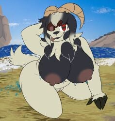 anthro areola baphomet_(sabbath_goat) big_breasts black_body black_fur black_nose bovid breasts brown_areola caprine caprine_demon demon detailed_background female fur genitals goat goat_demon heart_eyes heart_symbol hi_res hooves horn huge_breasts looking_at_viewer mammal multicolored_body multicolored_fur navel nipples nude pinup pose sabbath_goat sand solo tan_body tan_fur thick_thighs tongue tongue_out vulva water wet wet_body wet_fur