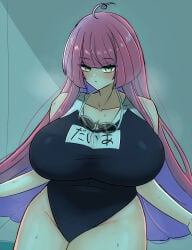 arms_at_sides blush curvy_figure dark_theme female female_only gigantic_breasts gigantic_thighs hyper_breasts mahjong_fight_girl mitsumoto_dia plump school_swimsuit sukumizu swimming_pool thick_thighs voluptuous wide_hips