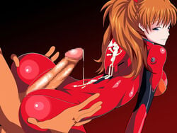 1boy ass asuka_langley_sohryu blush buttjob censored clothing covered_buttjob cum female geafcart huge_ass looking_back medium_breasts mosaic_censoring neon_genesis_evangelion orange_hair penis plugsuit rubbing