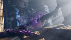 16:9 3d_(artwork) anthro arm_tuft blender_(artwork) blender_cycles_(artwork) boss_fight breasts cheek_tuft claws digestion_implied digital_media_(artwork) dominant dominant_anthro dominant_female dragon duo elbow_tuft facial_tuft fangs female fog genitals glowing glowing_eyes hair hi_res horn human humanoid_genitalia humanoid_penis humanoid_vulva implied_fatal implied_permanent jace_rodyn larger_female light light_beam looking_at_viewer male male/female mammal melee_weapon mythological_creature mythological_scalie mythology neck_tuft nipples nude one_eye_closed penis picking_teeth pillar purple_body purple_eyes purple_hair purple_nipples raised_leg retro_raptor scalie size_difference smaller_male spread_wings stained_glass submissive submissive_male sword tail teeth tuft unbirthing vaginal vore vulva weapon widescreen wings wink