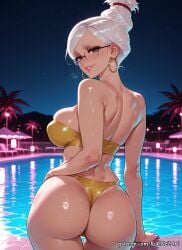 1girl 2026 ai_generated anime ass ayase_seiko back bare_shoulders bikini boobs breasts brown_eyes buttocks cleavage crossover dandadan earrings eye_contact female female_focus from_behind glasses hair_bun highres hoop_earrings huge_breasts jewelry large_breasts lips looking_at_viewer looking_back night night_sky nsfw outdoors palm_tree parted_lips patreon pool poolside rognezart shiny shiny_skin single_hair_bun sky smile smiling solo swimsuit tree water wet white_hair yellow_bikini