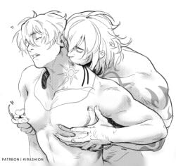 darksideofkira yaoi gay 2boys male_only mydei_(honkai:_star_rail) phainon_(honkai:_star_rail) honkai:_star_rail kirashion biting_neck from_behind nipple_play nipple_pinch pleasure_face eyes_closed heart black_and_white grabbing_from_behind