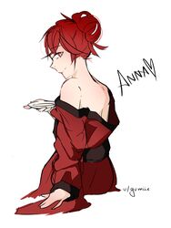 1girls anna_(fire_emblem) anna_(fire_emblem_heroes) back bare_back bare_shoulders female female_only fire_emblem fire_emblem_heroes hair_bun hands kimono looking_at_viewer loose_clothes no_bra red_eyes red_hair red_kimono short_hair shoulders sitting sketch smile solo white_background