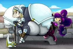 2girls armor armored_female ass ass_bigger_than_body axe bench blonde_hair crown curly_hair eyelashes felicity_fullbright female female_focus female_only fishnet_legwear fishnets freckles freckles_on_face hips hyper hyper_ass knight knight_armor large_ass midriff organicgranite ponytail purple_eyes purple_hair relia_novus thick_thighs thigh_boots thighs thin_waist tiny_waist unaware unaware_buttcrush weapon wide_hips yellow_eyes