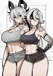 arlecchino_(genshin_impact) arm_markings belly big_breasts busty_female curves genshin_impact goat_horns long_hair midriff pose sidillusts thick_thighs white_hair wide_hips wuthering_waves zani_(wuthering_waves)